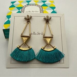 Stella & Dot Gold and Teal Lotus Tassel Chandelier Earrings
